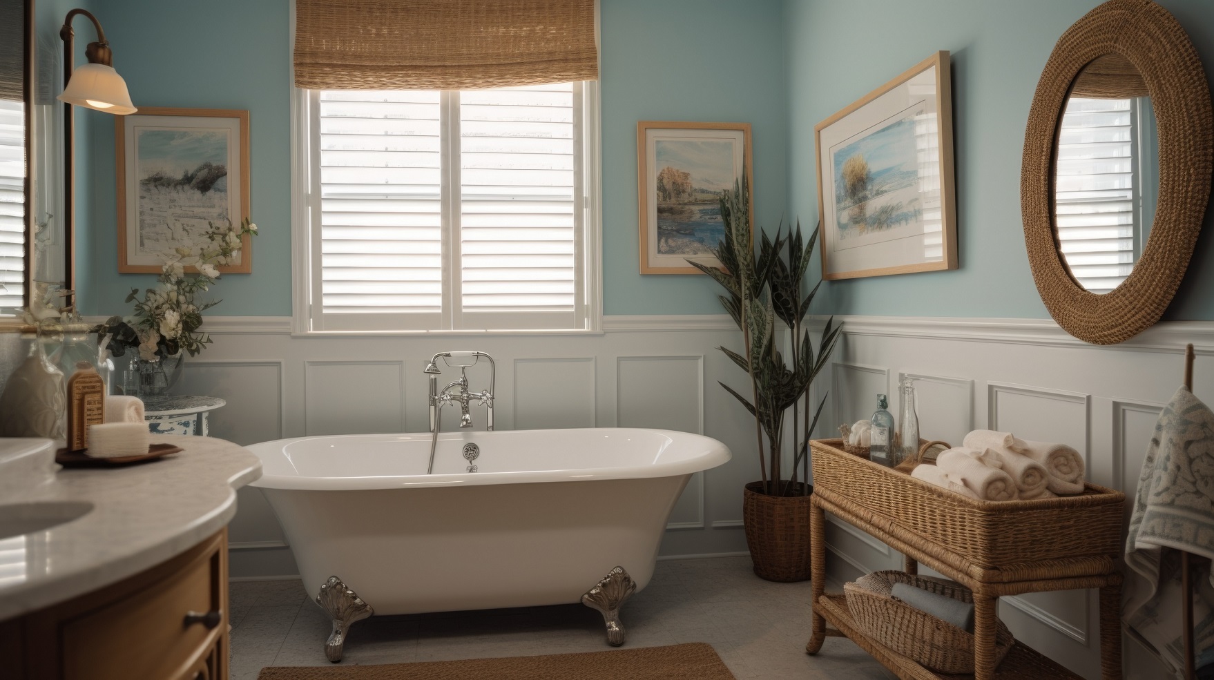 Interior design of Bathroom in Coastal style with Clawfoot tub decorated with Subway tile, Wicker material. Traditional architecture. Generative AI AIG24.