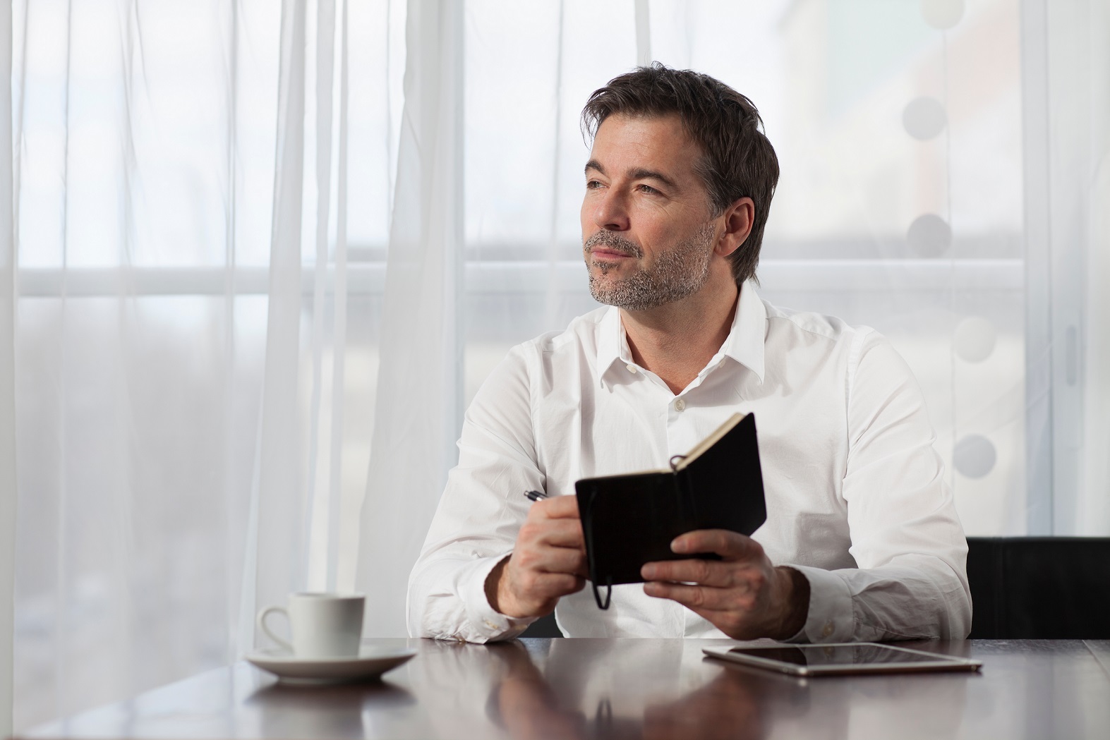 Mature,Man,Lost,In,Thought.,Taking,Notes,In,A,Notebook.