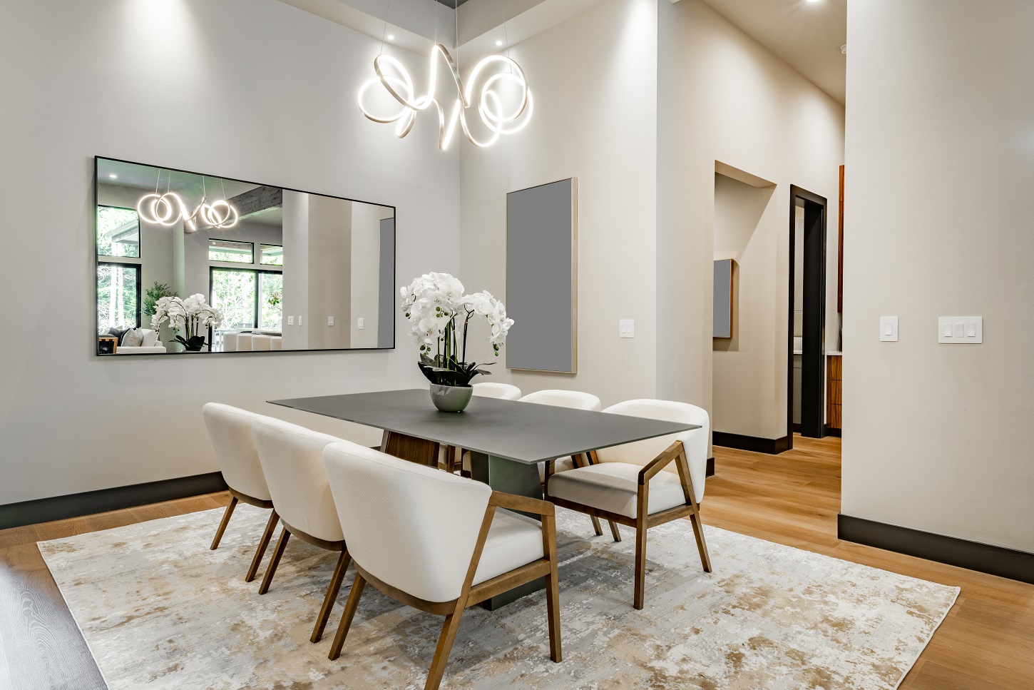 elegant dining room with curved lines