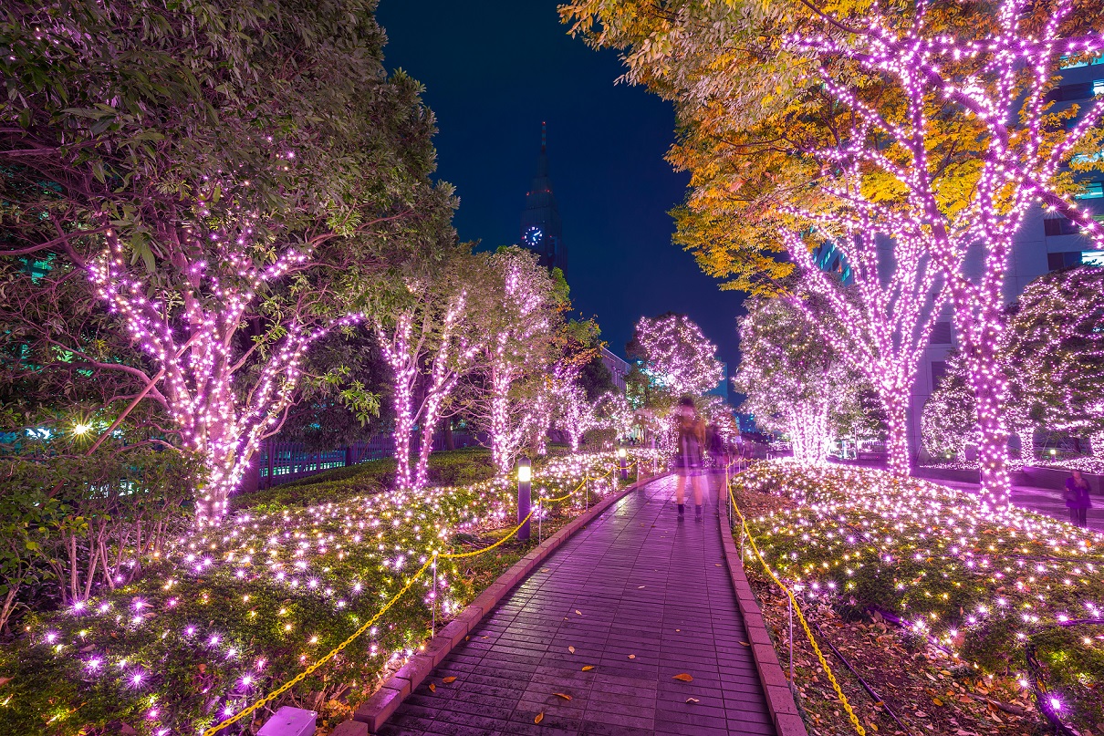 a christmas light show on a street in japan