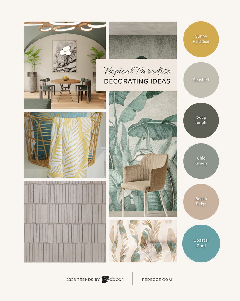 A vision board for tropical designs, interior design focused